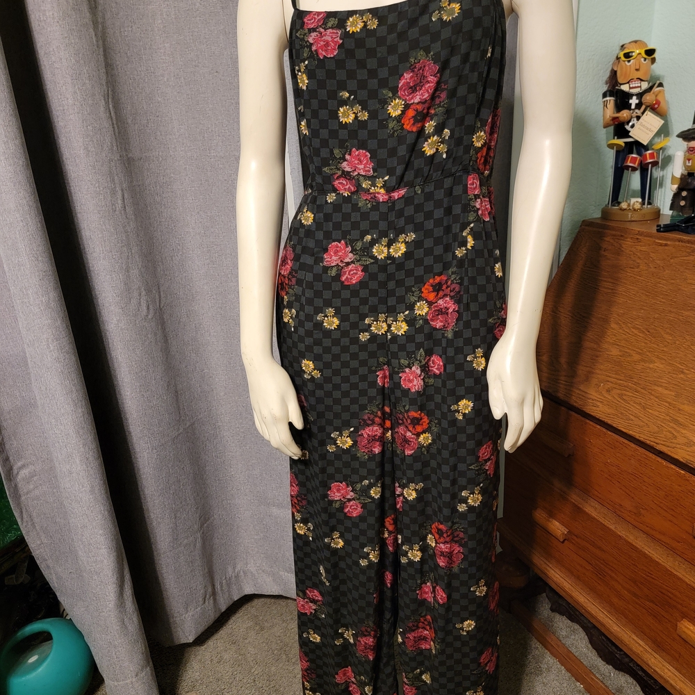 Y2K 90s Inspired Vans Checkered & Floral Grunge Coquette Flare Leg Jumpsuit‎ - Picture 2 of 10